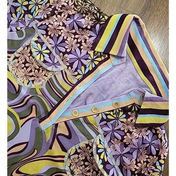 VTG Girdear Steyr Style Psychedelic Print Top XS/S Purple Yellow Brown V-Neck - Picture 1 of 7